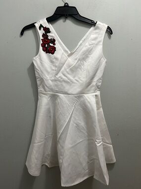 verty White V-Neck Skater Dress with Red Floral Applique